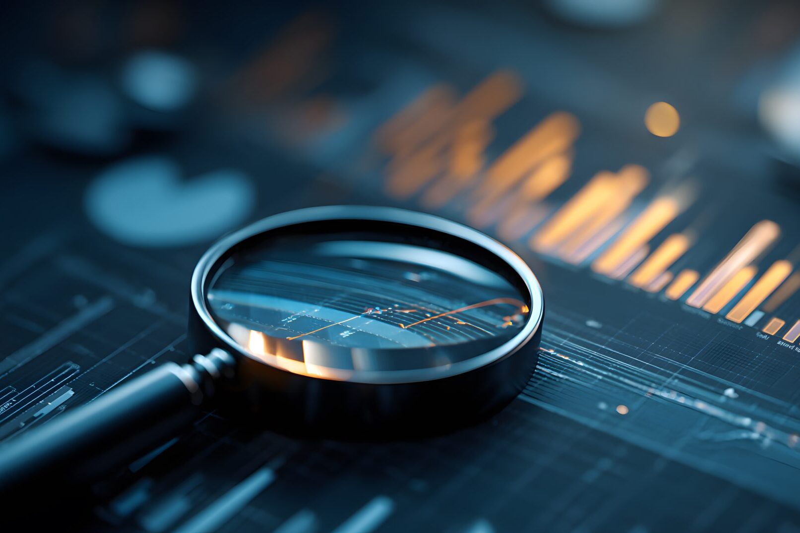 Financial Data Analysis with Magnifying Glass Focused on Investment Trends and Stock Charts high resolution photo | Houlihan Capital