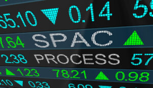Digital stock ticker with green and blue numbers and the word SPAC across a striped background.