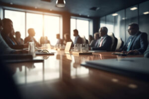 Professionals in a sunlit boardroom seated around a long wooden table, engaging in a meeting with glasses and laptops present.