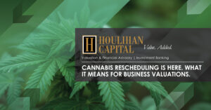 Banner image for Houlihan Capital about cannabis rescheduling and business valuations, featuring cannabis leaves and a dark overlay with the headline text.