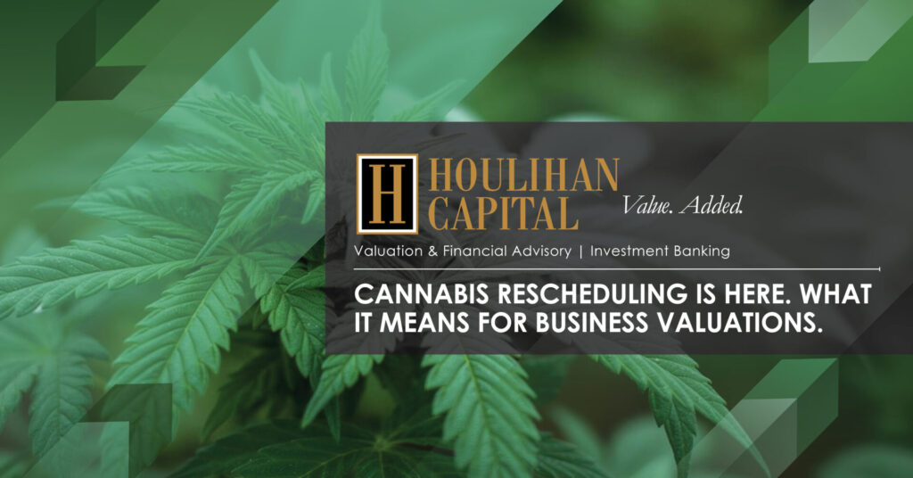 Banner image for Houlihan Capital about cannabis rescheduling and business valuations, featuring cannabis leaves and a dark overlay with the headline text.