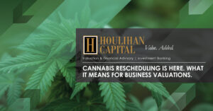 Banner image for Houlihan Capital about cannabis rescheduling and business valuations, featuring cannabis leaves and a dark overlay with the headline text.