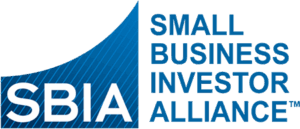 SBIA logo: curved blue panel with diagonal stripes on the left and 'Small Business Investor Alliance' in blue text on the right.