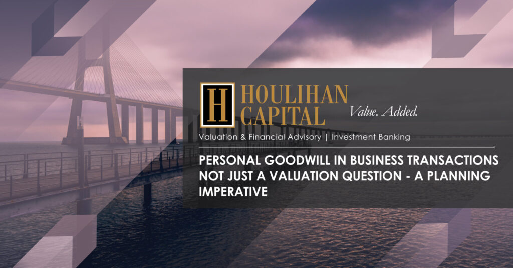 Houlihan Capital banner with logo and slogan over a purple-tinged bridge background, promoting valuation, advisory, and investment banking services.