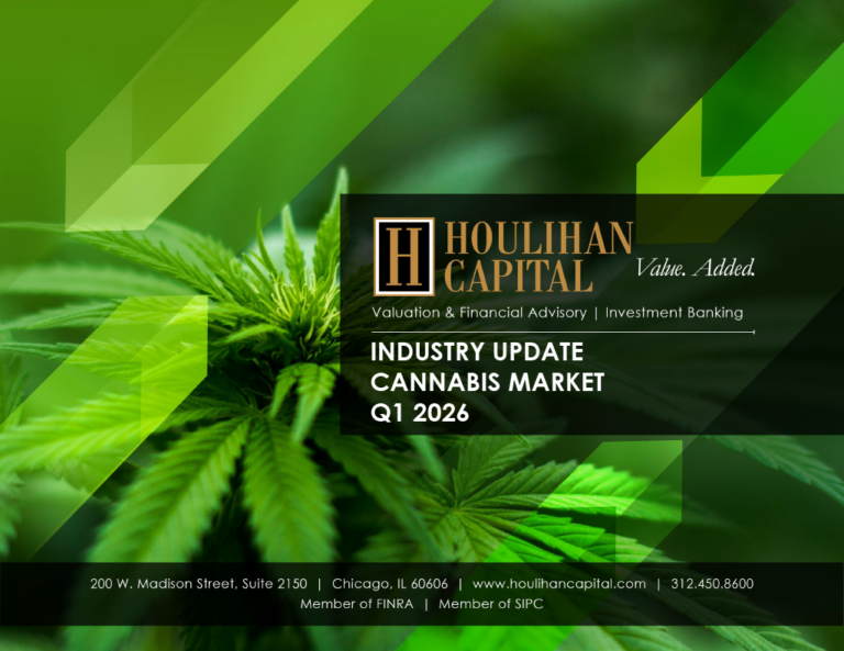 Industry update banner: Houlihan Capital logo over a cannabis plant with green geometric accents, Cannabis Market Q1 2026.