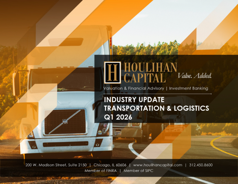 Houlihan Capital industry update: Transportation & Logistics, Q1 2026, with trucks on a highway and orange geometric overlay.