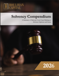 Houlihan Capital Solvency Compendium cover featuring a judge's gavel, a white title banner reading 'Solvency Compendium' with subtitle, and a gold 2026 banner.