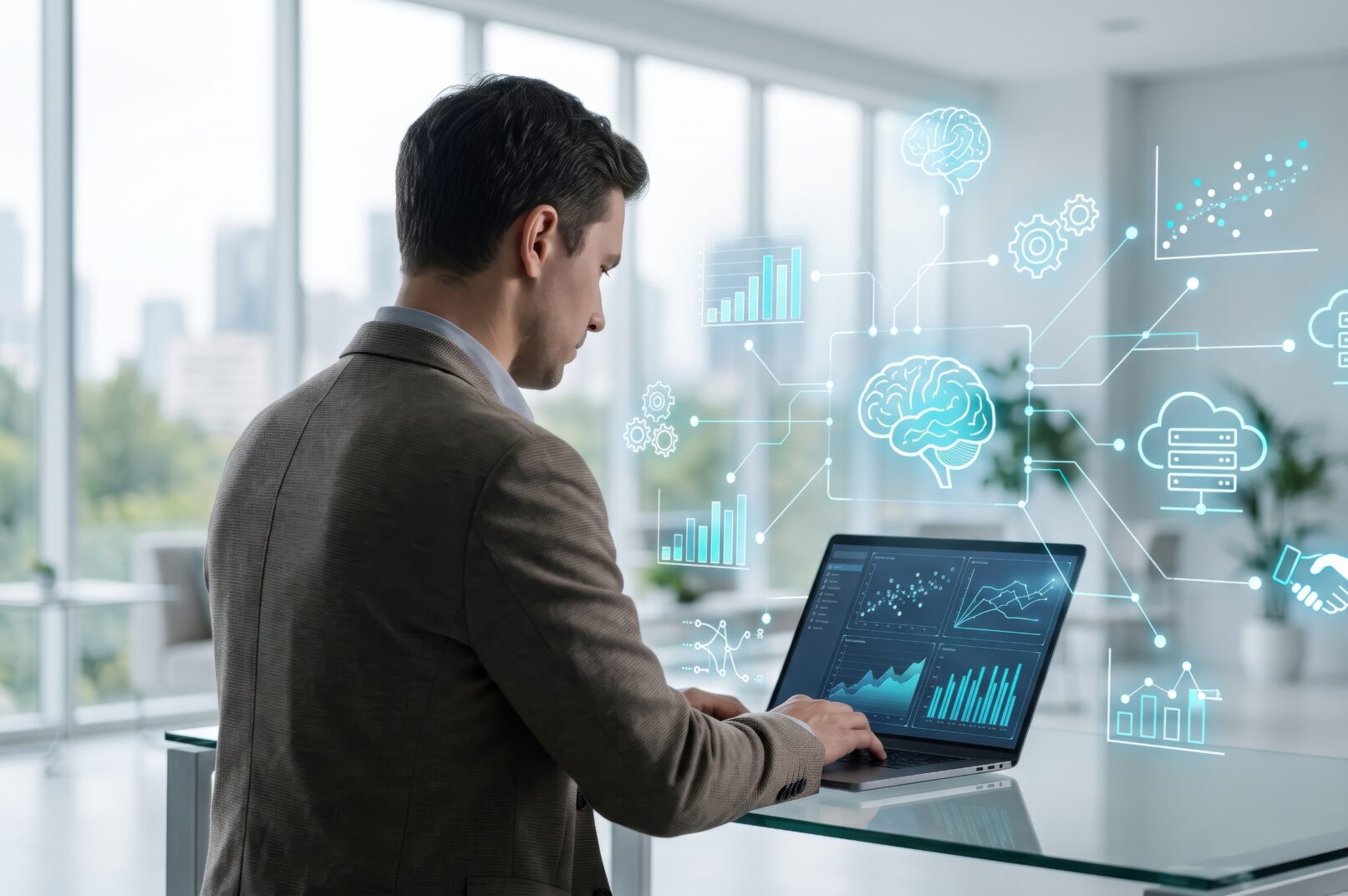 Businessman analyzing data charts and graphs on laptop with holographic interface showing artificial intelligence brain icons cloud computing and digital transformations in office | Houlihan Capital