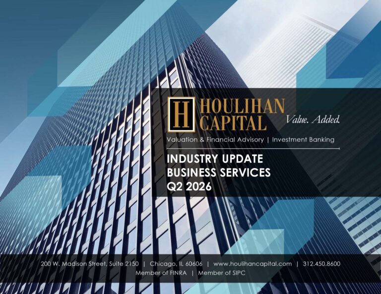 Cover image for Houlihan Capital brochure with skyscraper photo and blue geometric overlays, featuring the company name and 'Value. Added.' slogan.