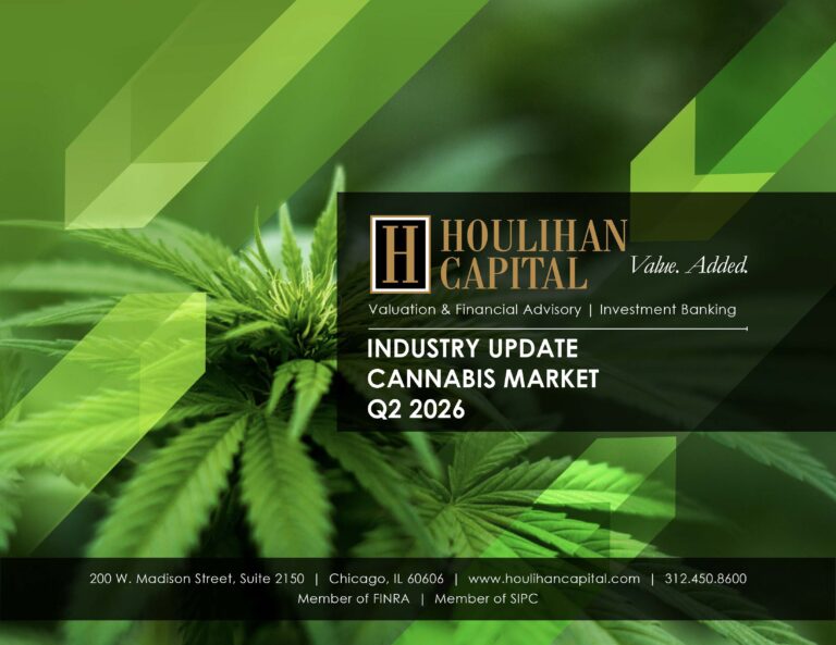 Houlihan Capital Industry Update: Cannabis Market Q2 2026 banner over cannabis leaves with contact info at bottom