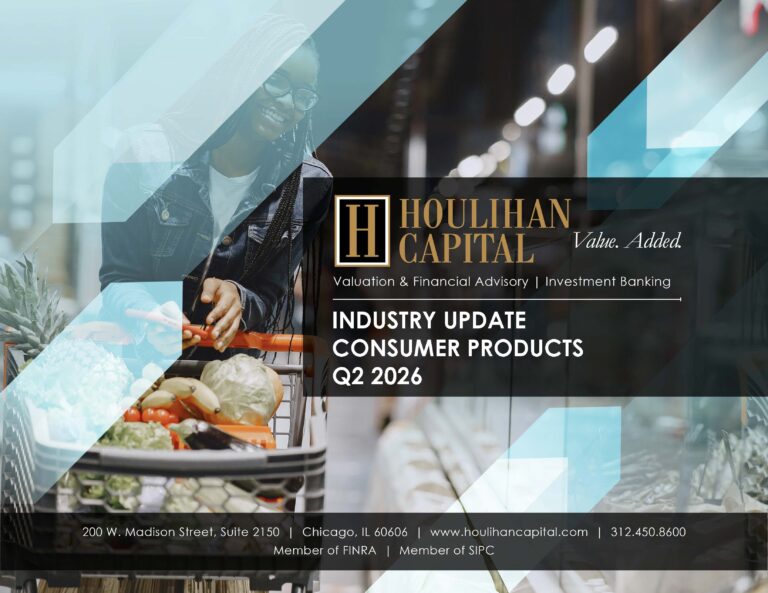 Smiling woman pushing a grocery cart with vegetables, overlaid by blue geometric shapes and Houlihan Capital branding, showing Industry Update text.