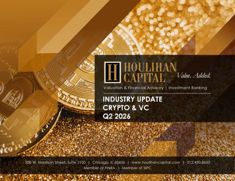 Houlihan Capital Industry Update cover: Crypto and VC Q2 2026 on a gold-toned background with contact details at the bottom.