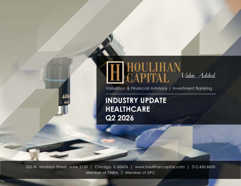 Houlihan Capital promotional banner showing the Healthcare Industry Update for Q2 2026 with logo and contact information at the bottom.