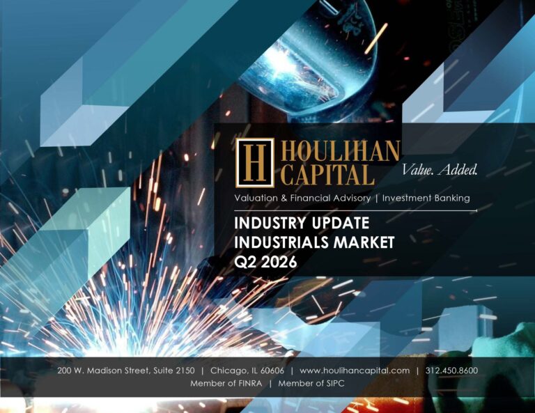 Houlihan Capital industry update banner with sparks, blue geometric shapes, and the text 'Industry Update Q2 2026'