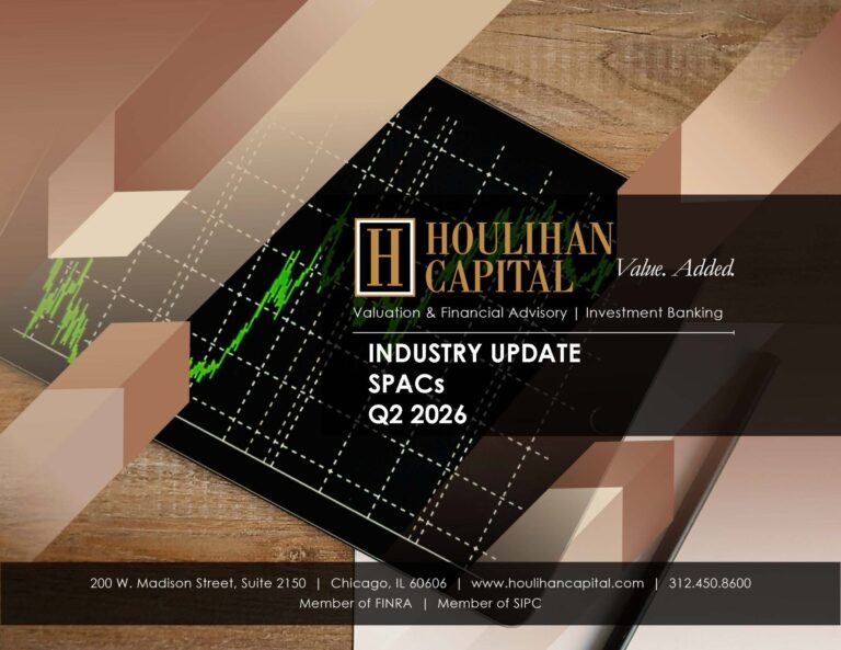 Houlihan Capital Industry Update cover showing the headline 'INDUSTRY UPDATE SPACs Q2 2026' with a stock-chart motif and their logo on a dark geometric background, plus contact/footer text at the bottom.