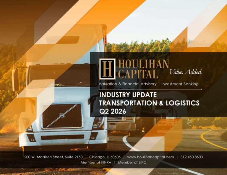 Houlihan Capital industry update banner over a line of trucks with orange diagonal overlays, Transportation & Logistics, Q2 2026.