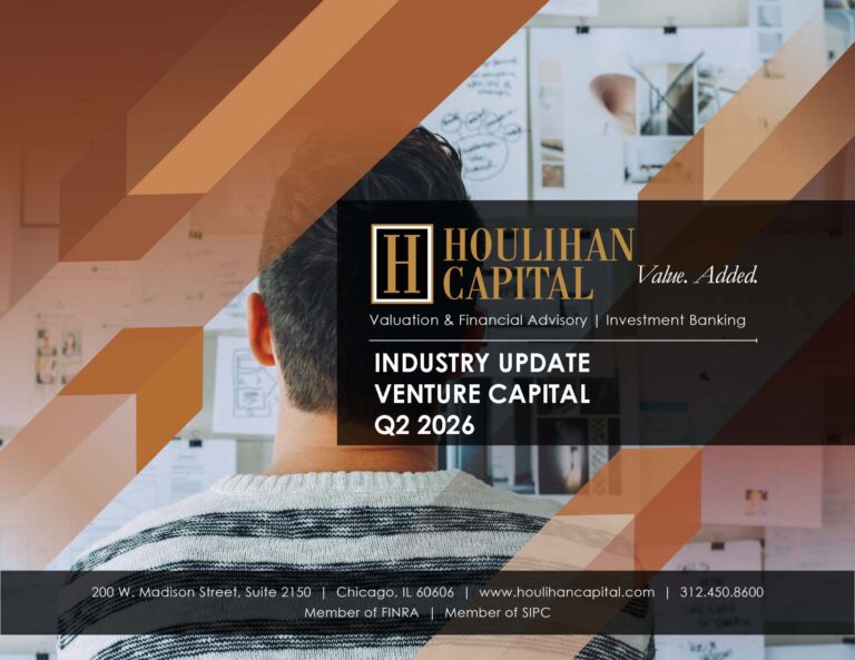 Back view of a person in an office with orange diagonal overlay and Houlihan Capital branding.