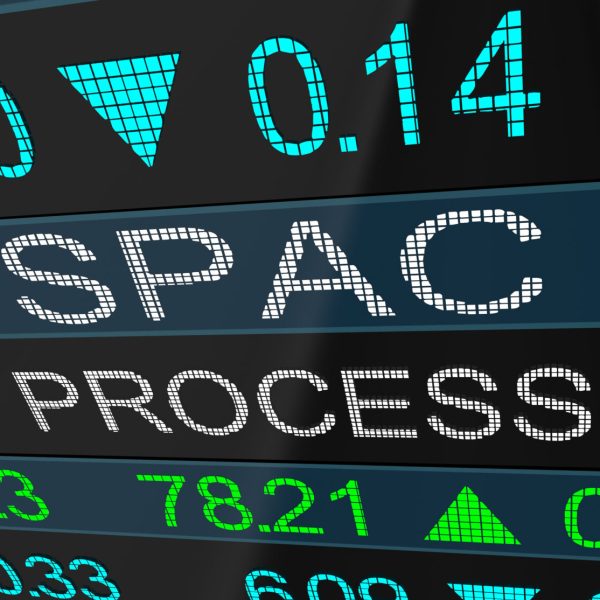 Digital stock ticker with green and blue numbers and the word SPAC across a striped background.