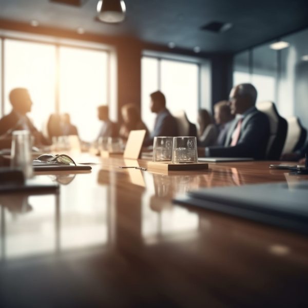 Professionals in a sunlit boardroom seated around a long wooden table, engaging in a meeting with glasses and laptops present.